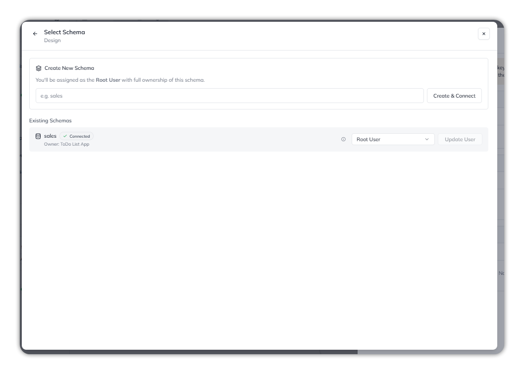 Select Schema for the Design database, with the sales schema Connected, owned by ToDo List App, a Root User menu and an Update User button