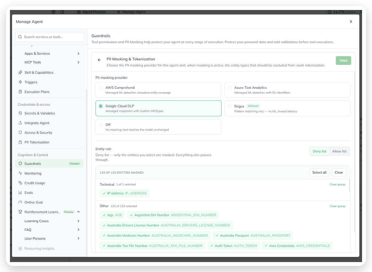 The PII masking configuration screen, with a provider dropdown