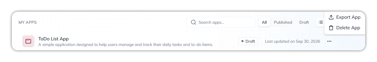 The ••• menu on a My Apps row open, showing Export App and Delete App