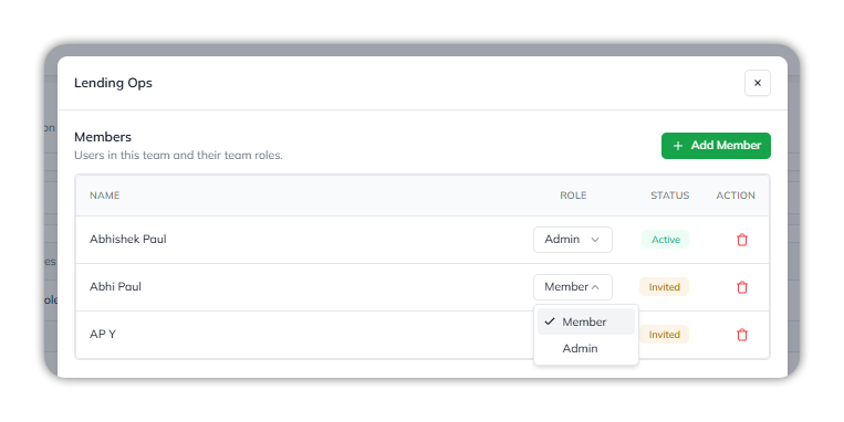 The Role dropdown open in a member's row, with Member checked and Admin as the other option