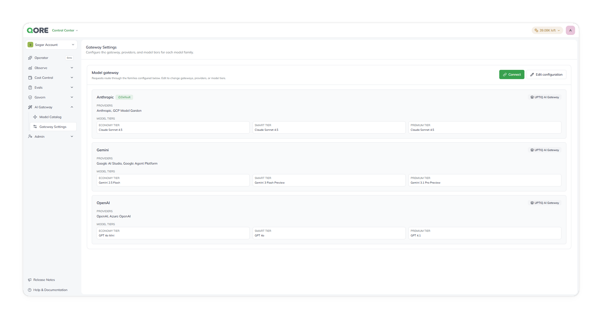 The Gateway Settings summary, with a card for each family (Anthropic, Gemini, OpenAI) showing its default status, providers, and tier models
