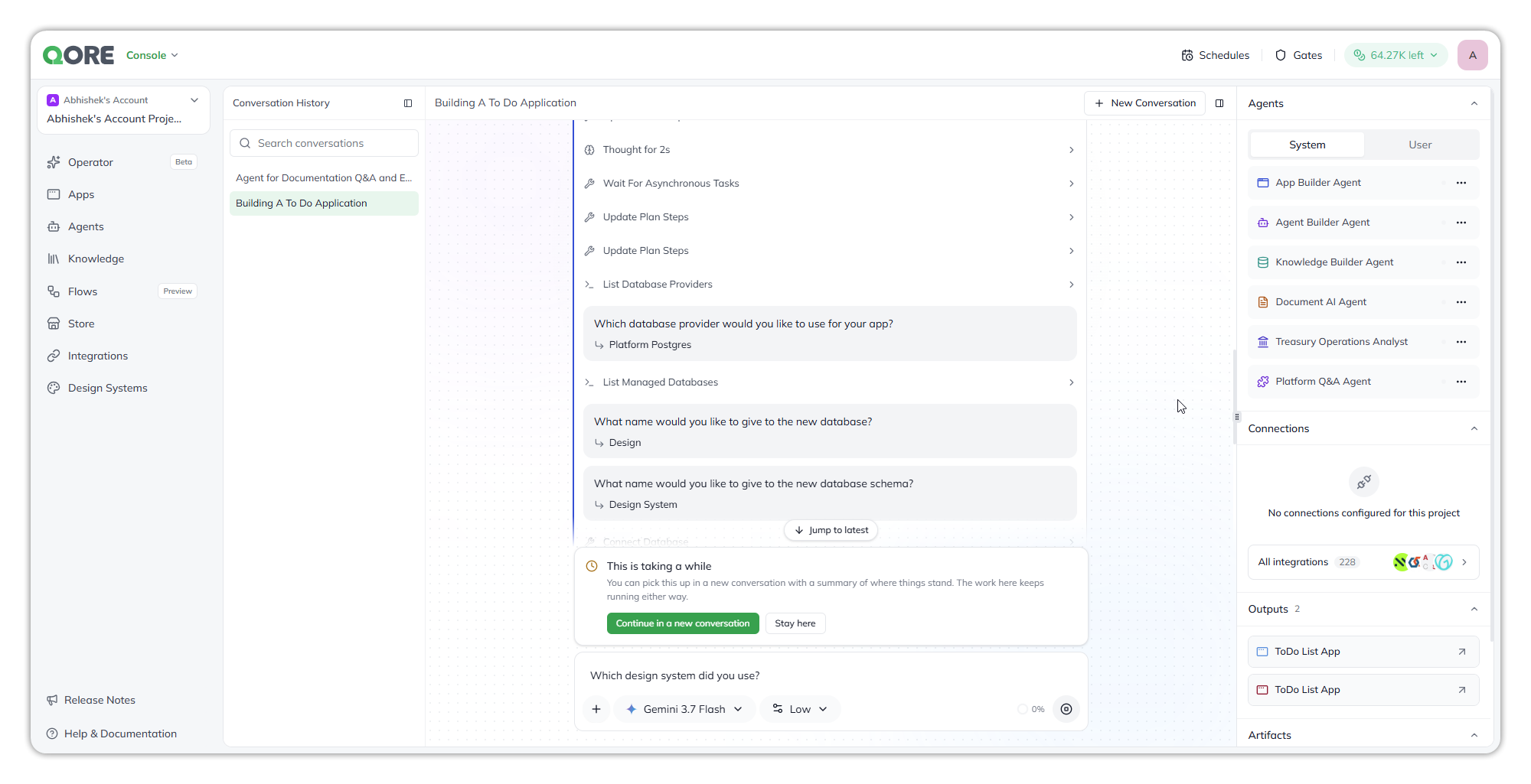 A Console Operator conversation: Conversation History on the left, the transcript in the middle with answered questions and a This is taking a while banner above the composer, and on the right the Agents panel with System and User tabs, Connections with All integrations, and Outputs