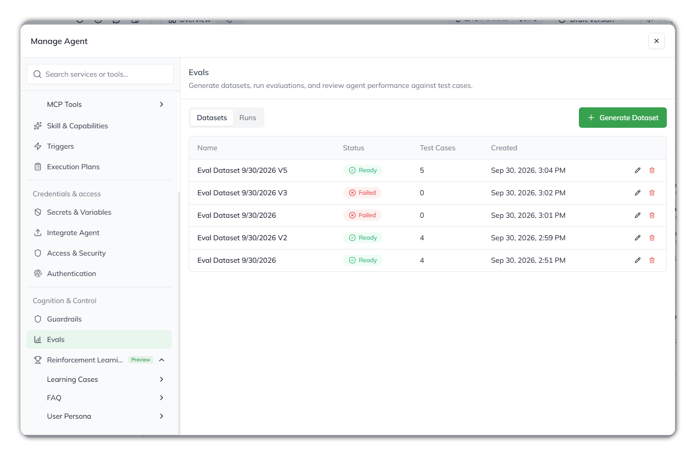 The Evals page in Agent Config on the Datasets tab, listing datasets with their status, test case count and creation time, and the Generate Dataset button