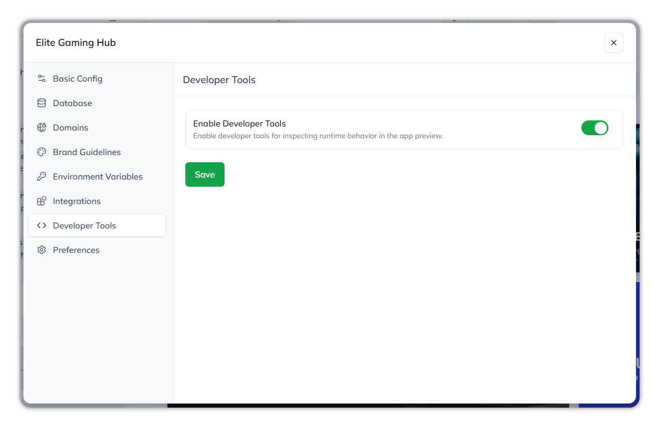The Developer Tools section, with the Enable Developer Tools toggle and Save
