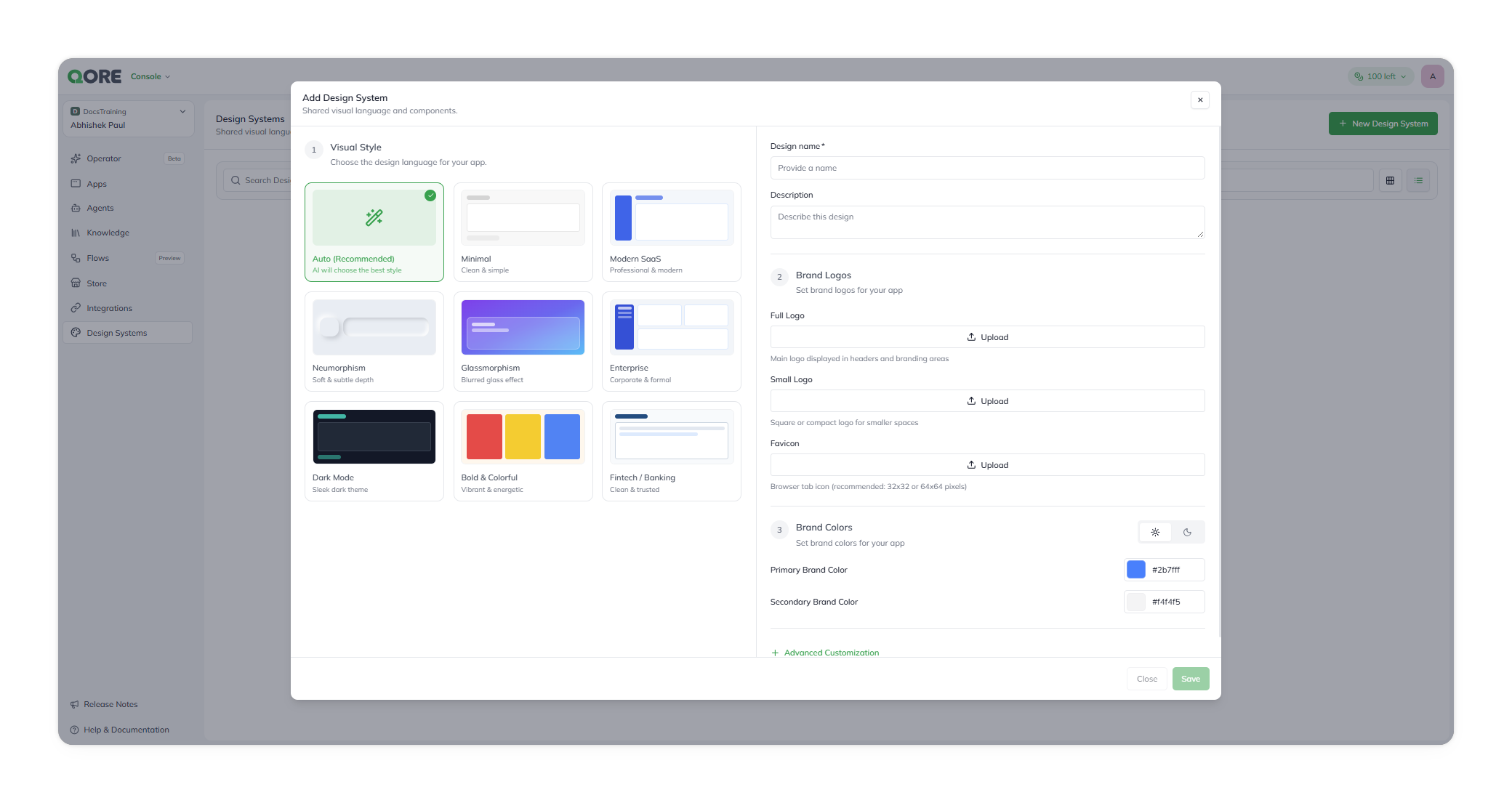 The Add Design System dialog, with the Visual Style grid selected and Design name, Brand Logos, and Brand Colors fields alongside