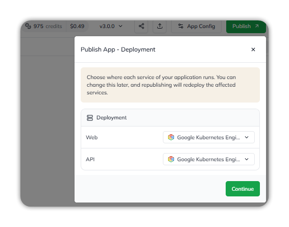 The Publish App - Deployment dialog, with Web and API each set to Google Kubernetes Engine, and a Continue button