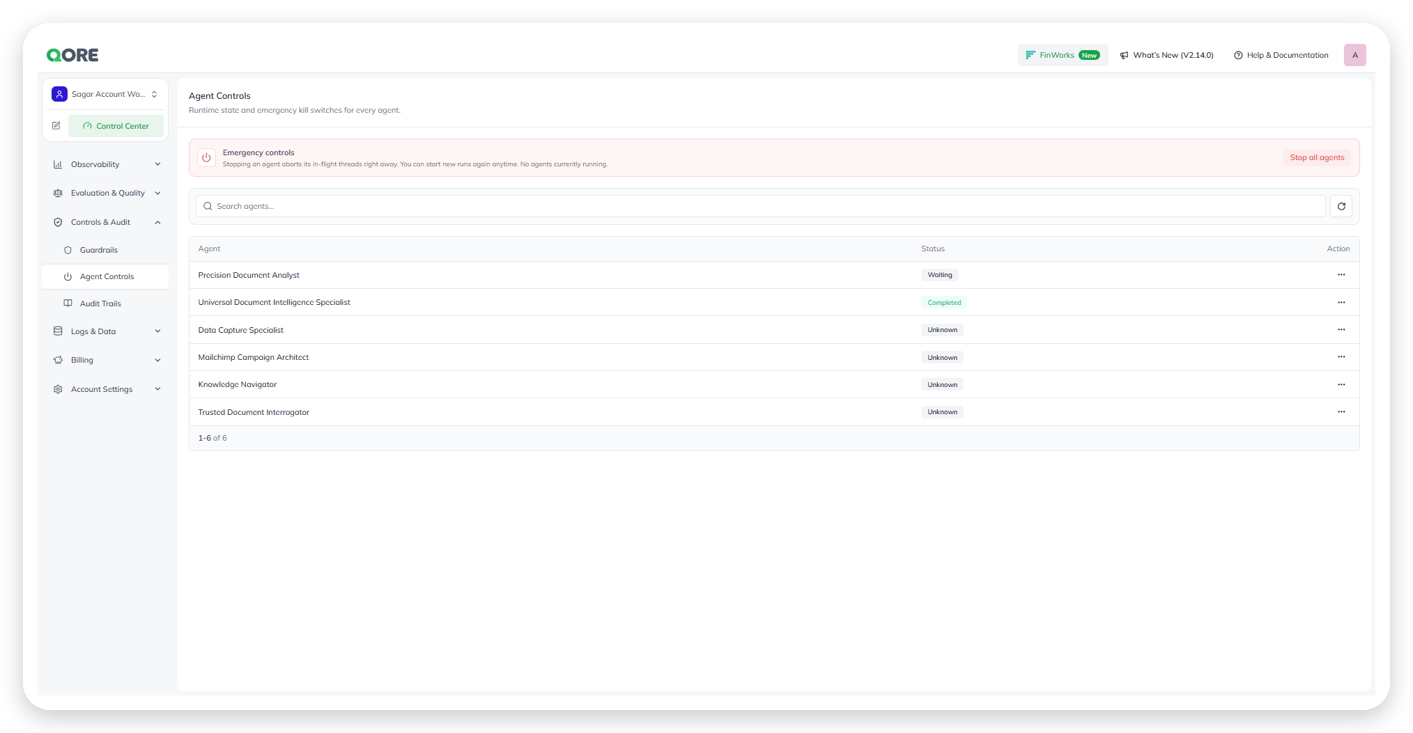 The Agent Controls screen, with a Stop all agents button and a per-agent status list