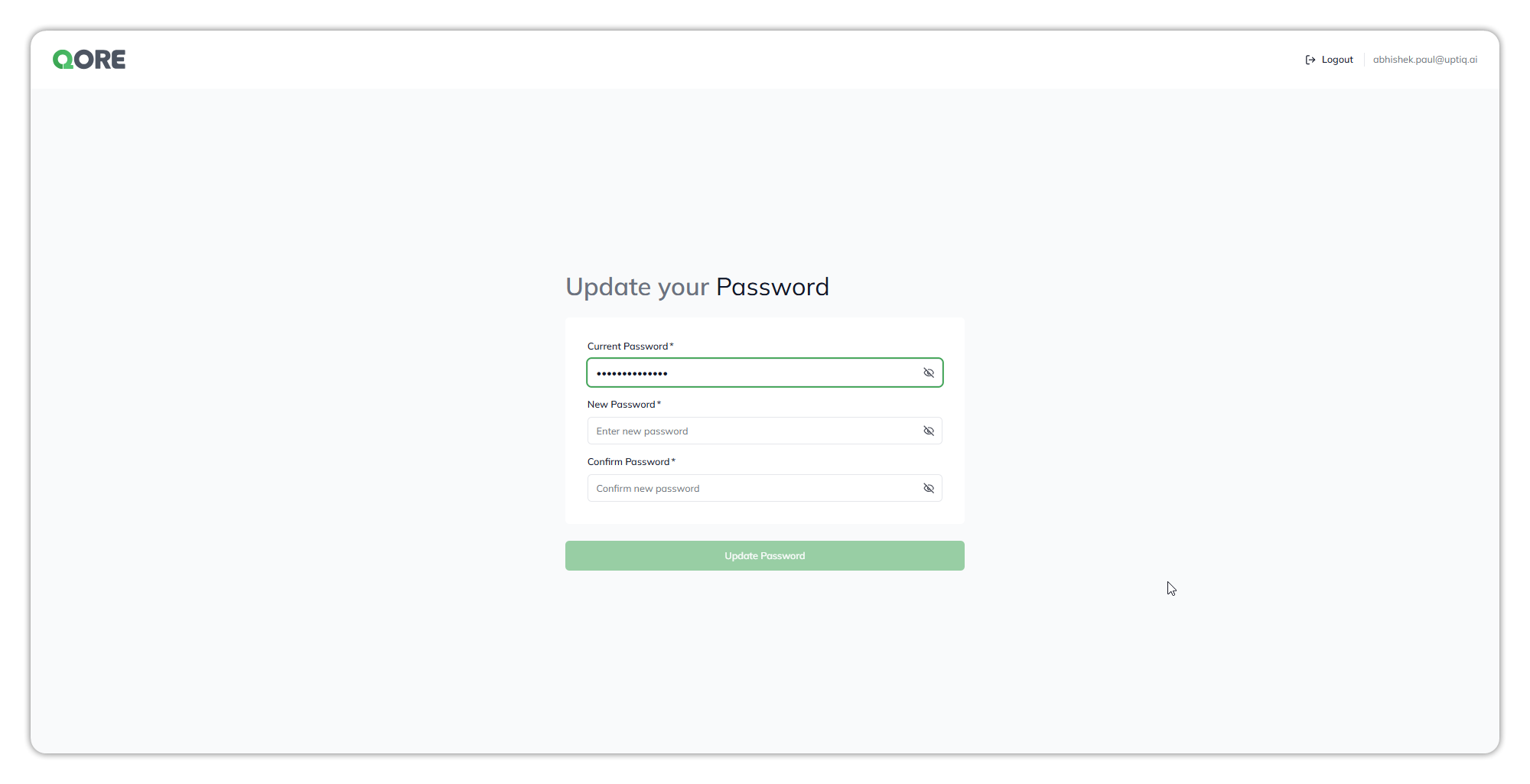 The Update your Password screen: Current Password, New Password and Confirm Password fields, each with a show/hide icon, and an Update Password button; Logout and the signed-in email are in the top bar