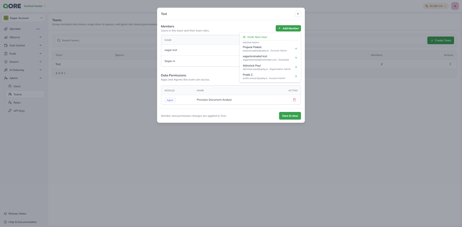 The Add Member dropdown, listing existing account members with their name, email, and account role, plus an Invite New User option at the top