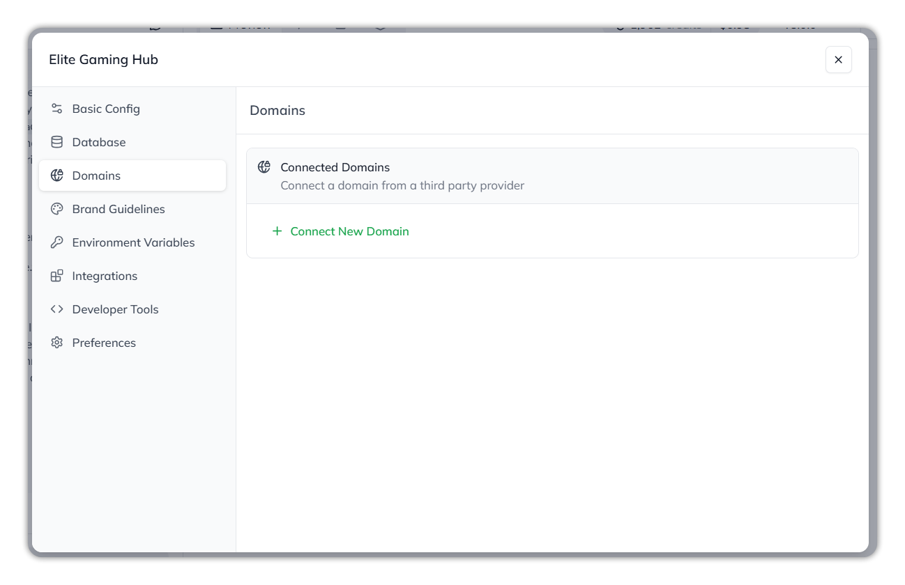 The Domains section: Connected Domains, Connect a domain from a third party provider, and Connect New Domain