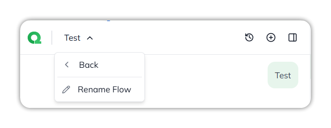 The flow name menu open, with Back and Rename Flow