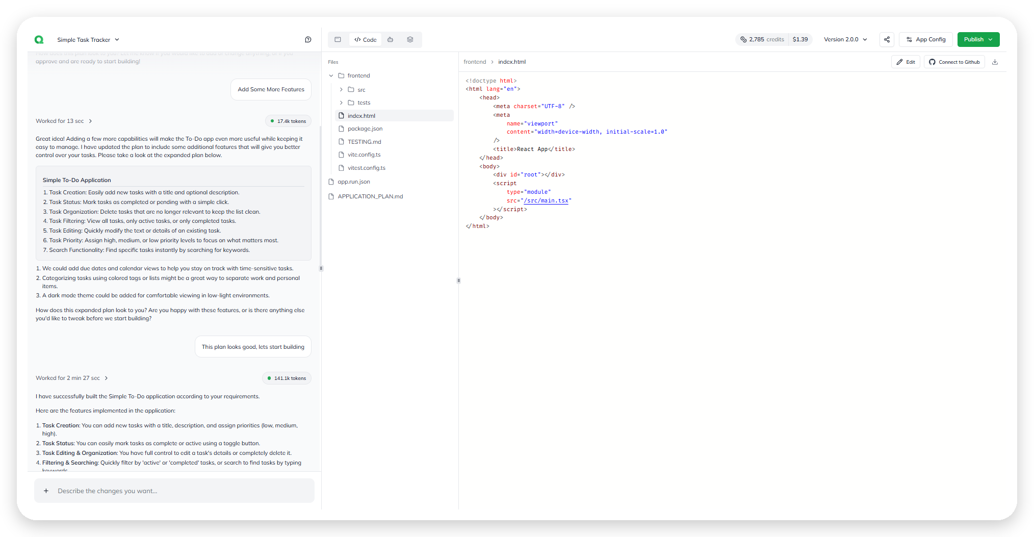 The Code panel, showing the generated file tree and an open source file