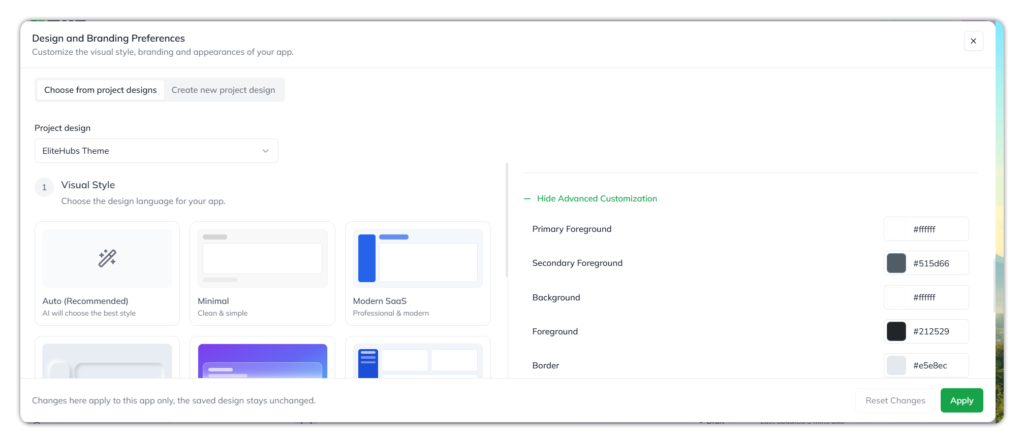 Design and Branding Preferences with Advanced Customization expanded: Primary Foreground, Secondary Foreground, Background, Foreground and Border, each with a colour swatch and hex value