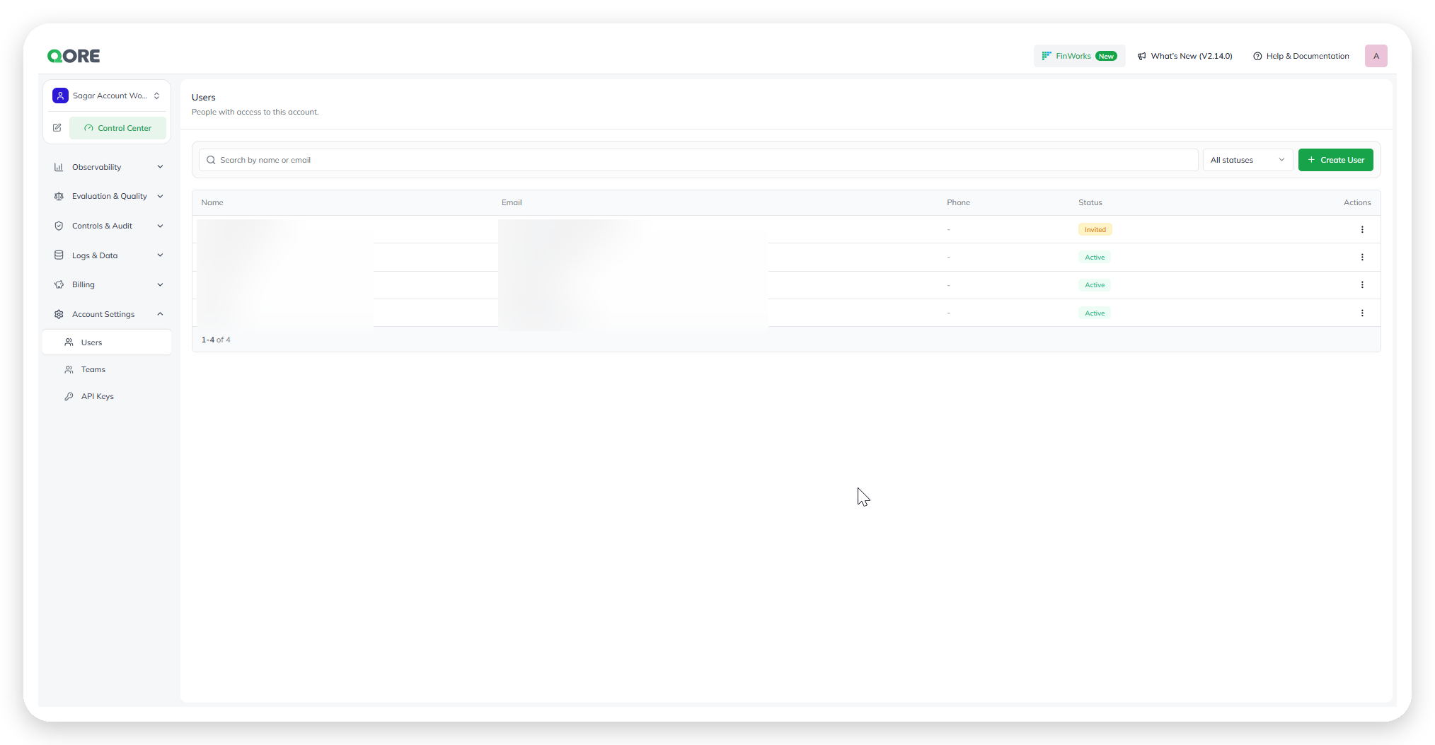 The Users list in Account Settings, with columns for Name, Email, Phone, and Status
