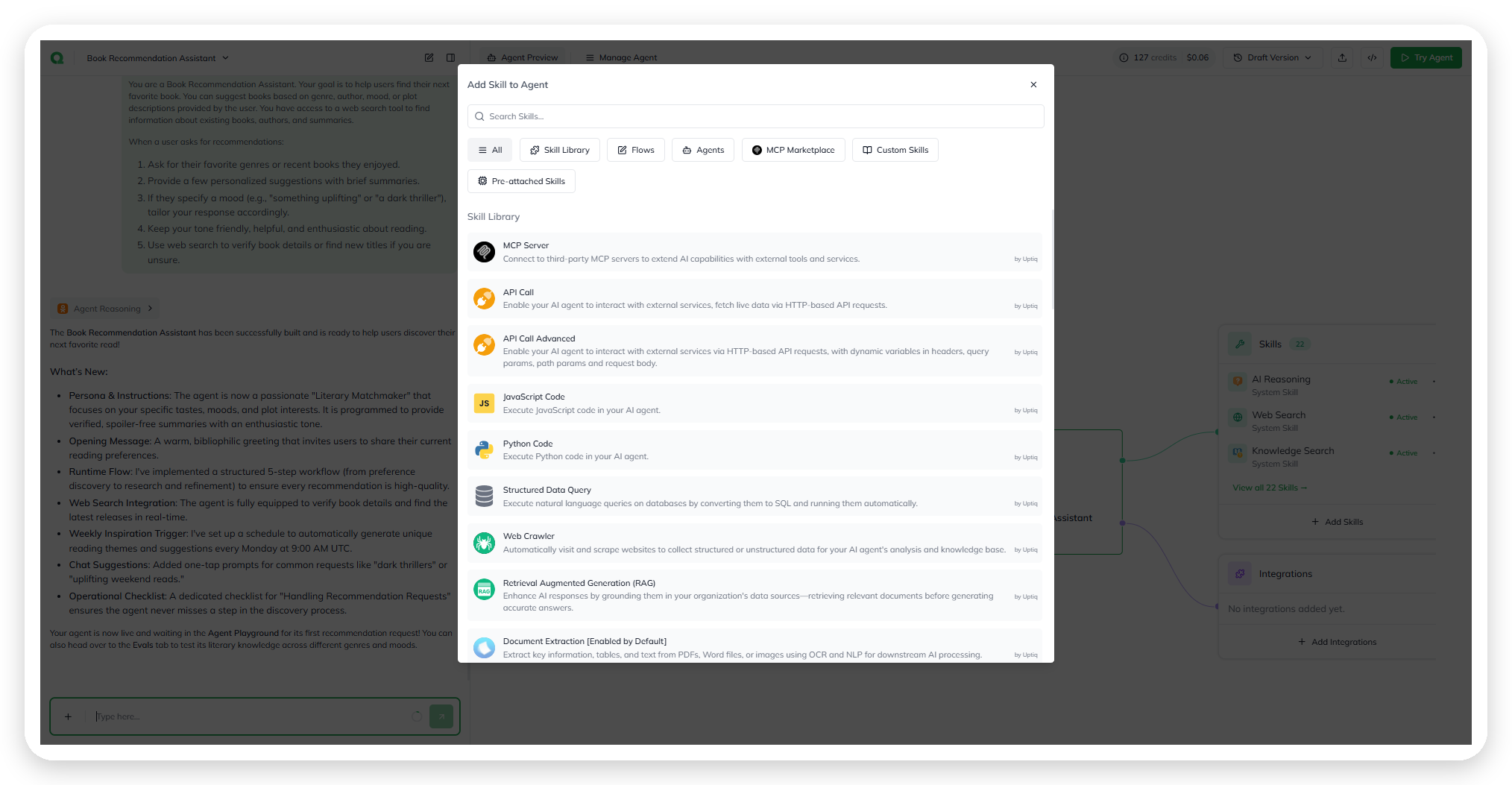 The Builder Canvas, with the + Add Skill button in the Skills section below the agent node
