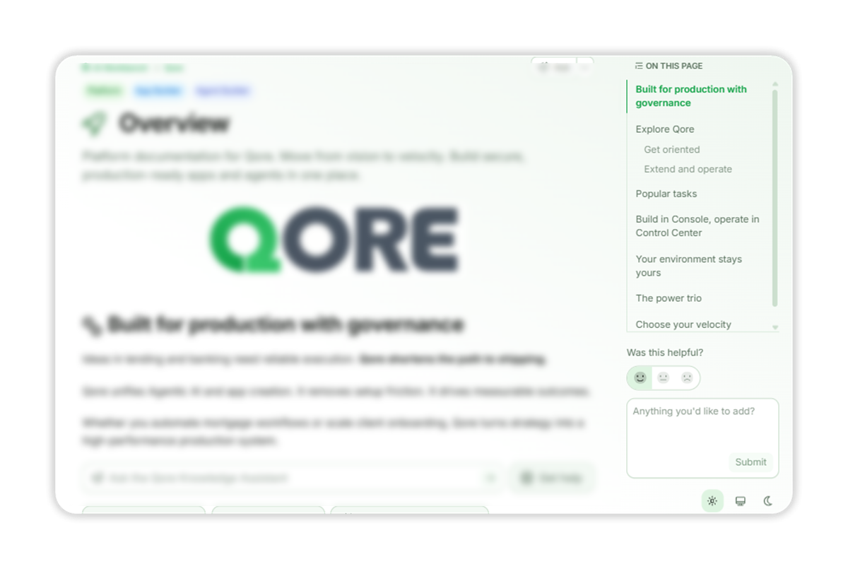 A Qore docs page with the right-hand panel highlighted: On this page lists the page sections, and below it Was this helpful? shows three reactions, with the smiling face selected and a comment box reading Anything you'd like to add? above a Submit button