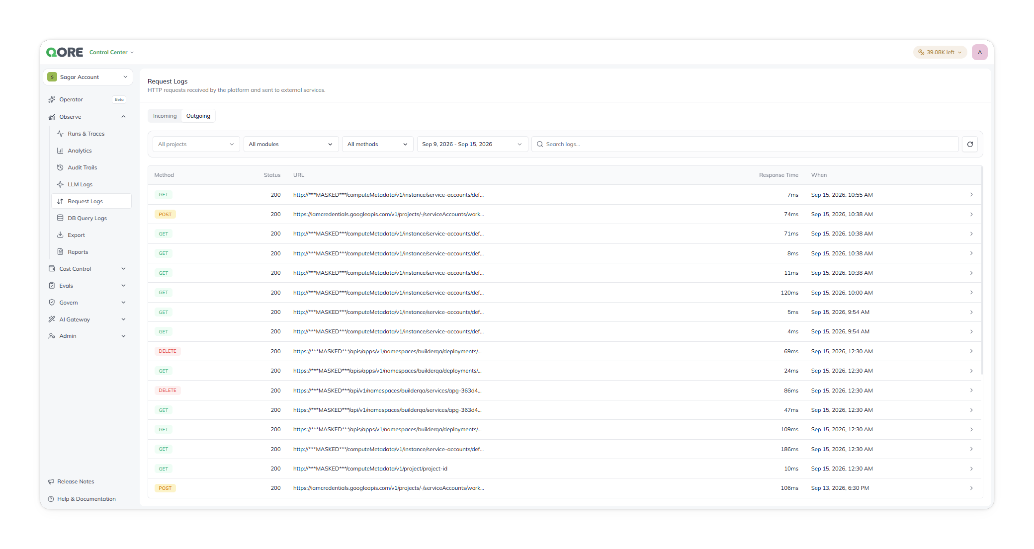 The Outgoing Request Logs screen, listing requests with method, status, URL, response time, and when columns