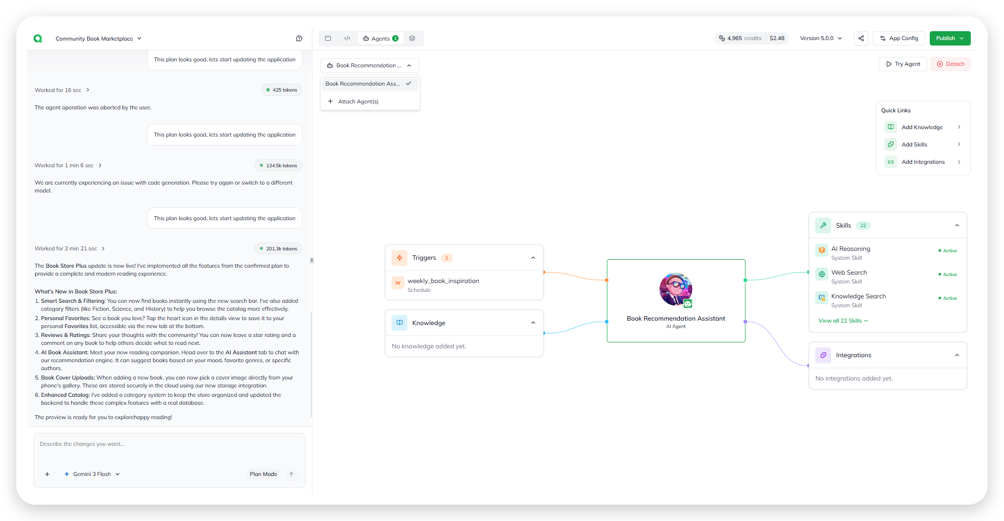The Builder Canvas, with the agent at the center and connected knowledge, skills, and triggers arranged around it