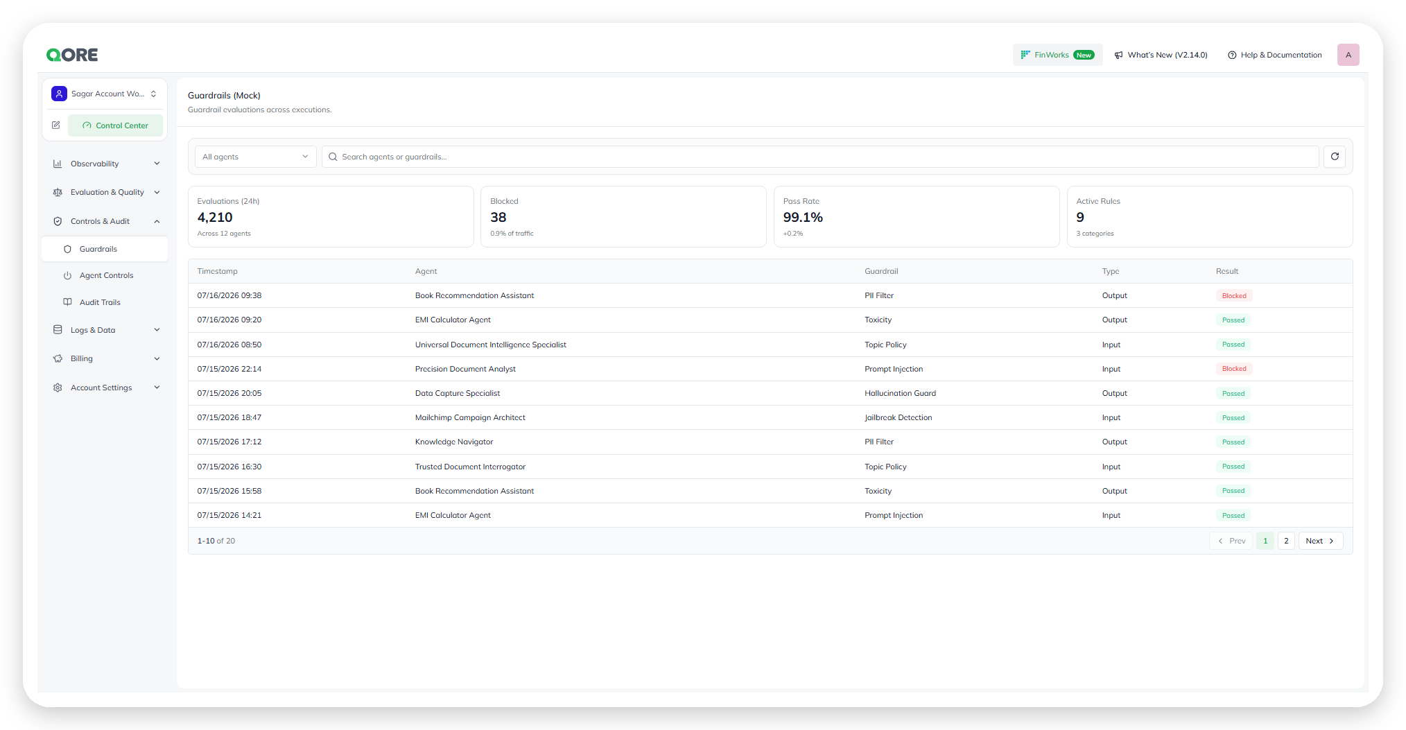 The Guardrails screen, listing evaluations with agent, guardrail, type, and result columns