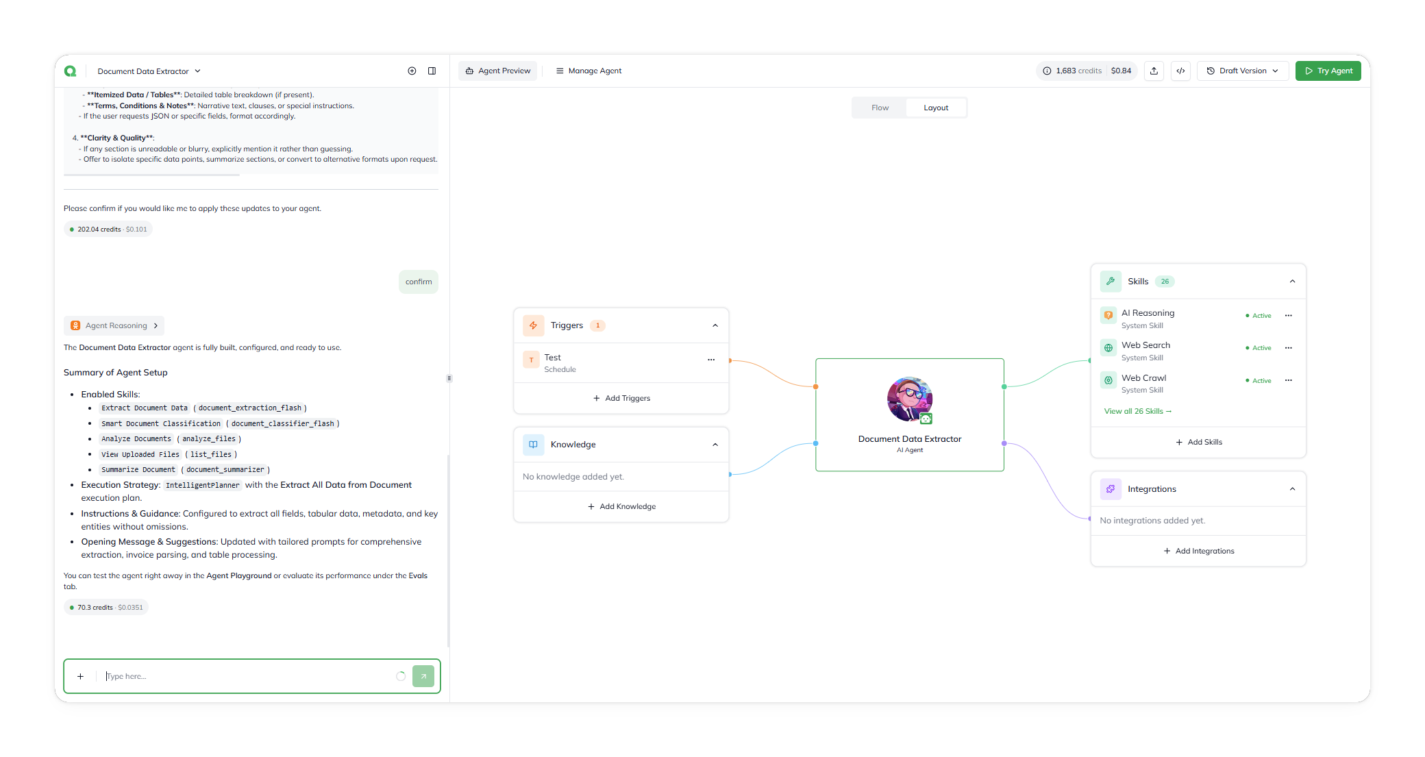 The Builder Canvas Layout tab, with Triggers and Knowledge panels to the left of the agent, and Skills and Integrations panels to the right