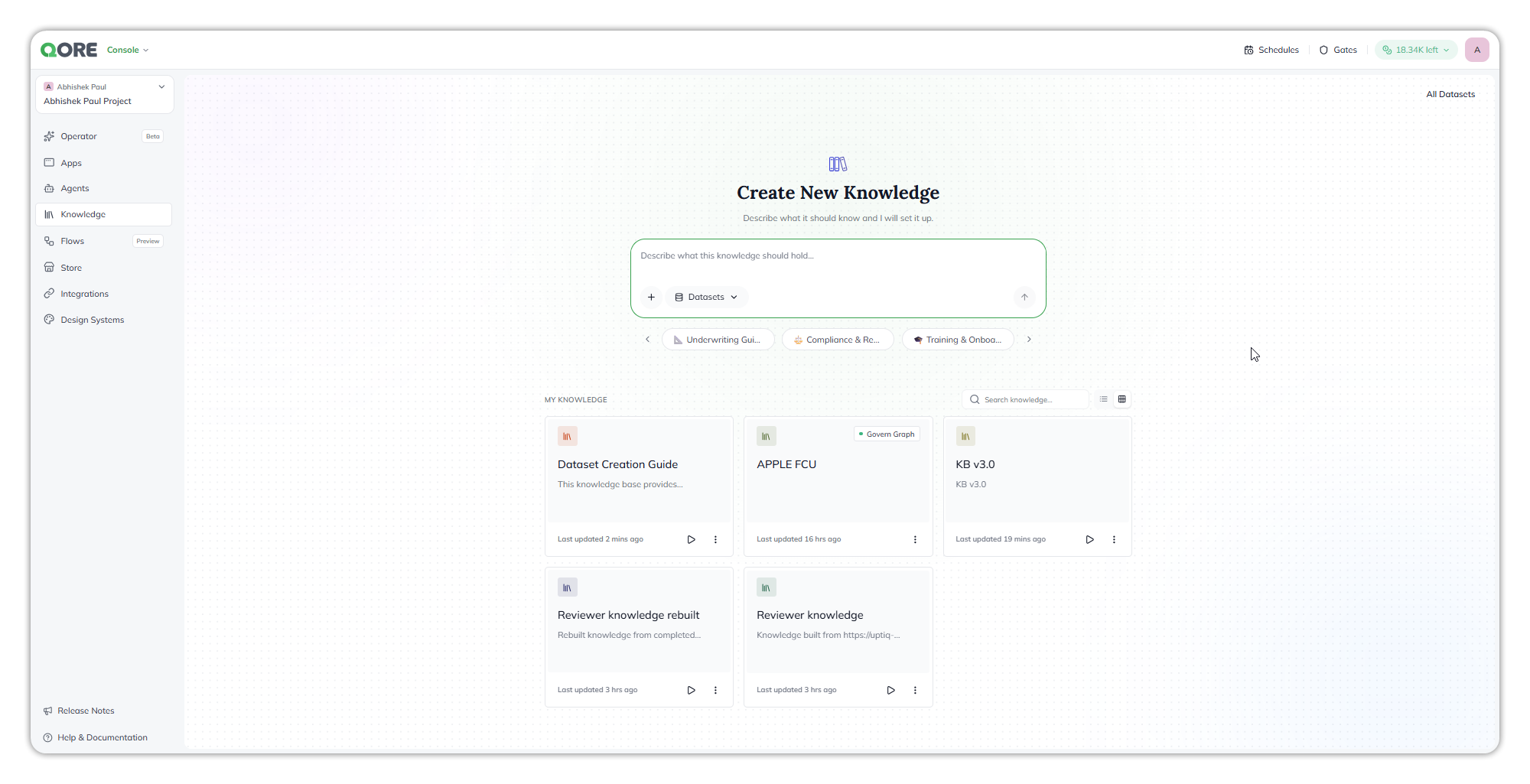 The Knowledge page: Create New Knowledge with a Describe what this knowledge should hold… prompt, a + button and a Datasets selector, three suggestion chips, and MY KNOWLEDGE below as a grid of cards, each with a name, description, Last updated time, a play button and a ⋮ menu; All Datasets sits top right