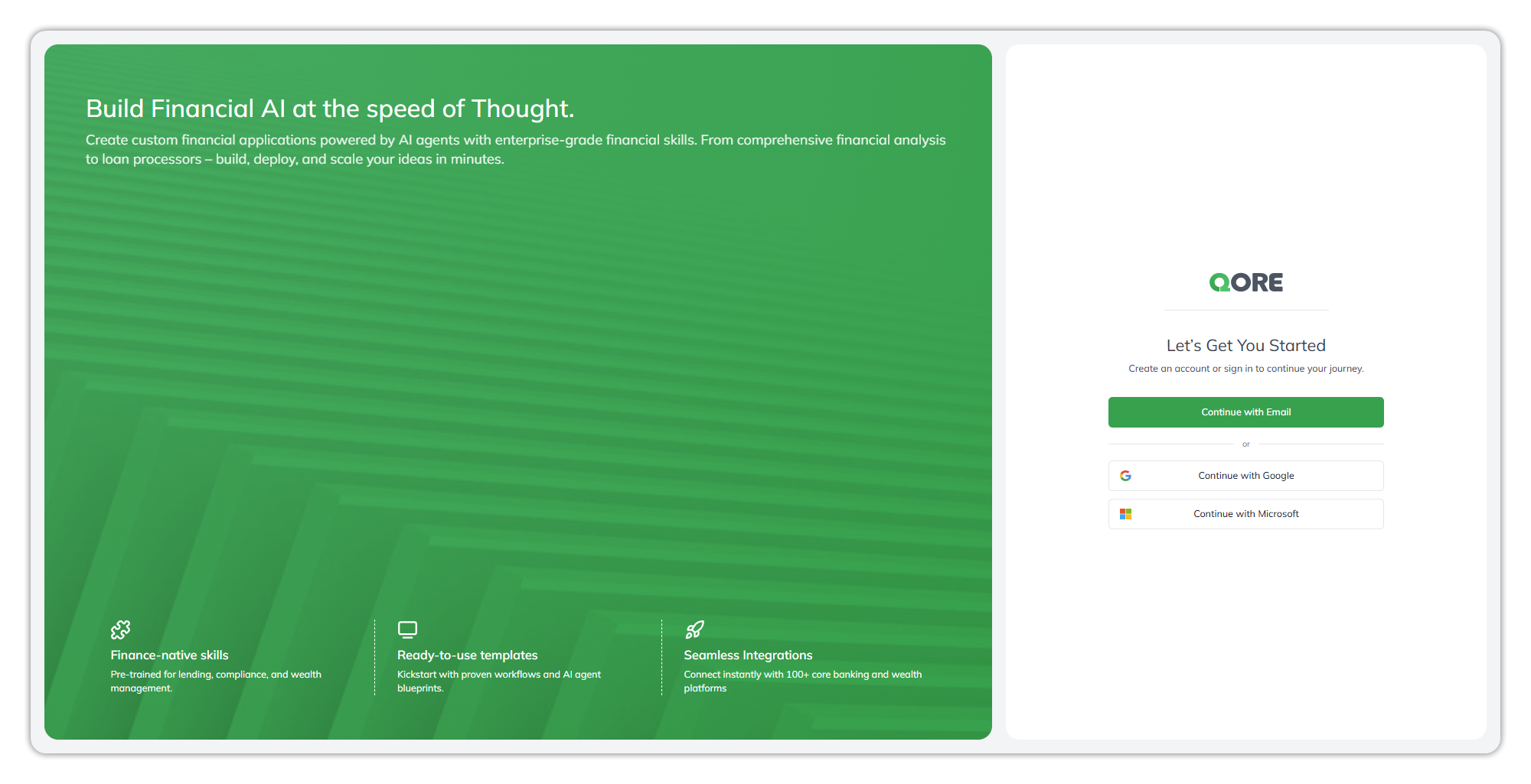 The Qore sign-in page: Let's Get You Started, with a Continue with Email button, then an or divider, then Continue with Google and Continue with Microsoft