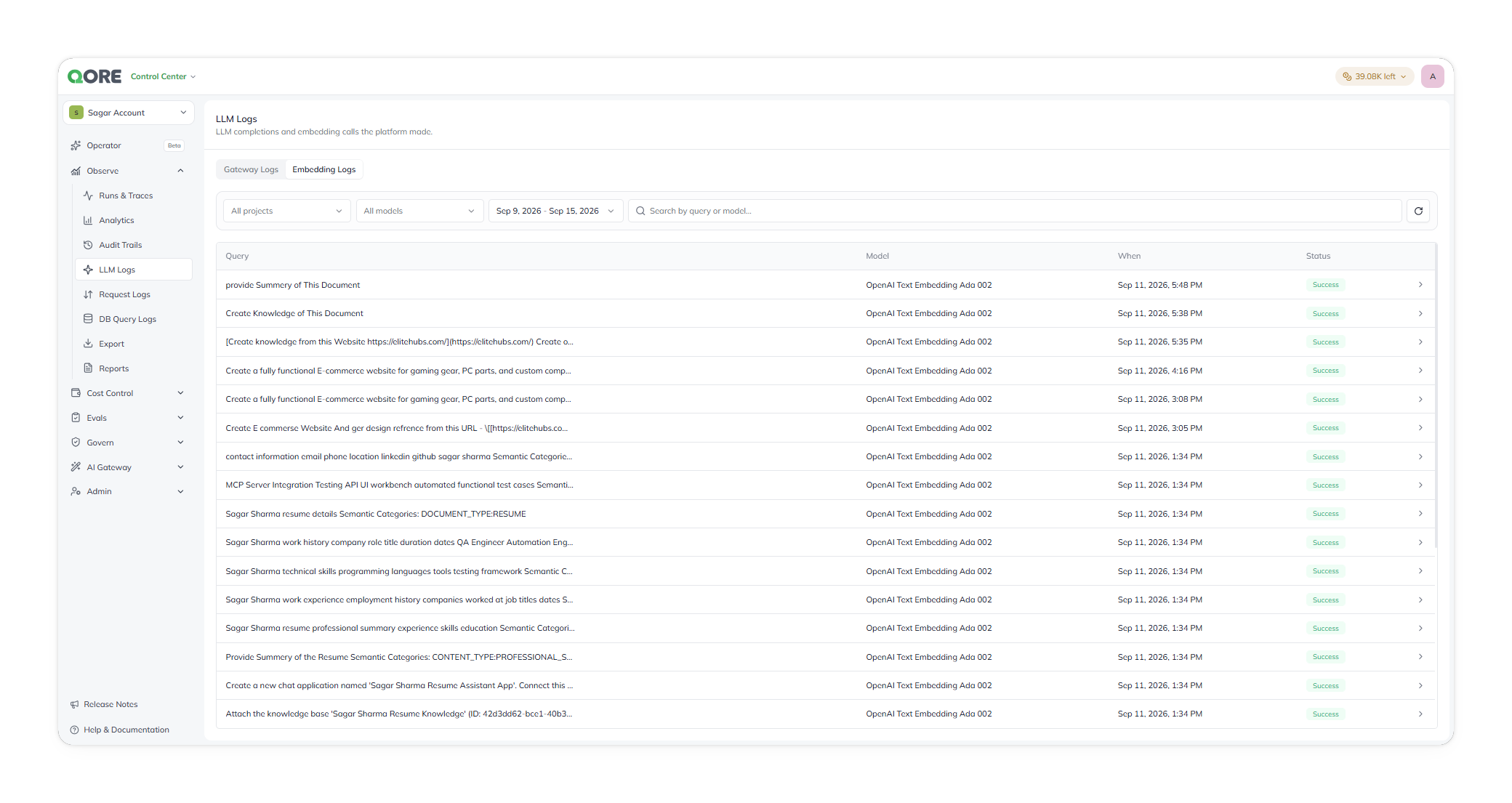 The LLM Logs Embedding Logs tab, listing embedding queries with model, when, and status