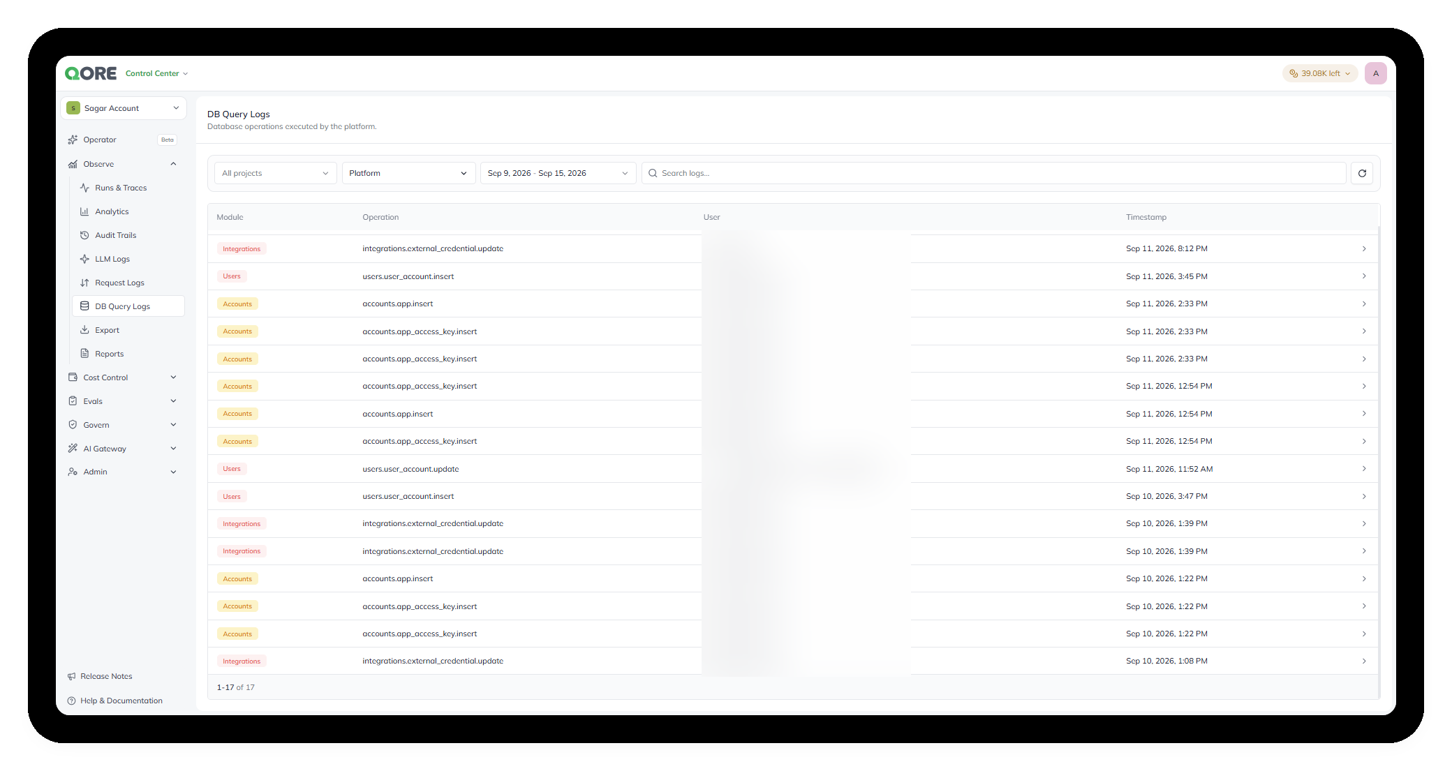 The DB Query Logs screen, listing operations with module, operation, user, and timestamp columns