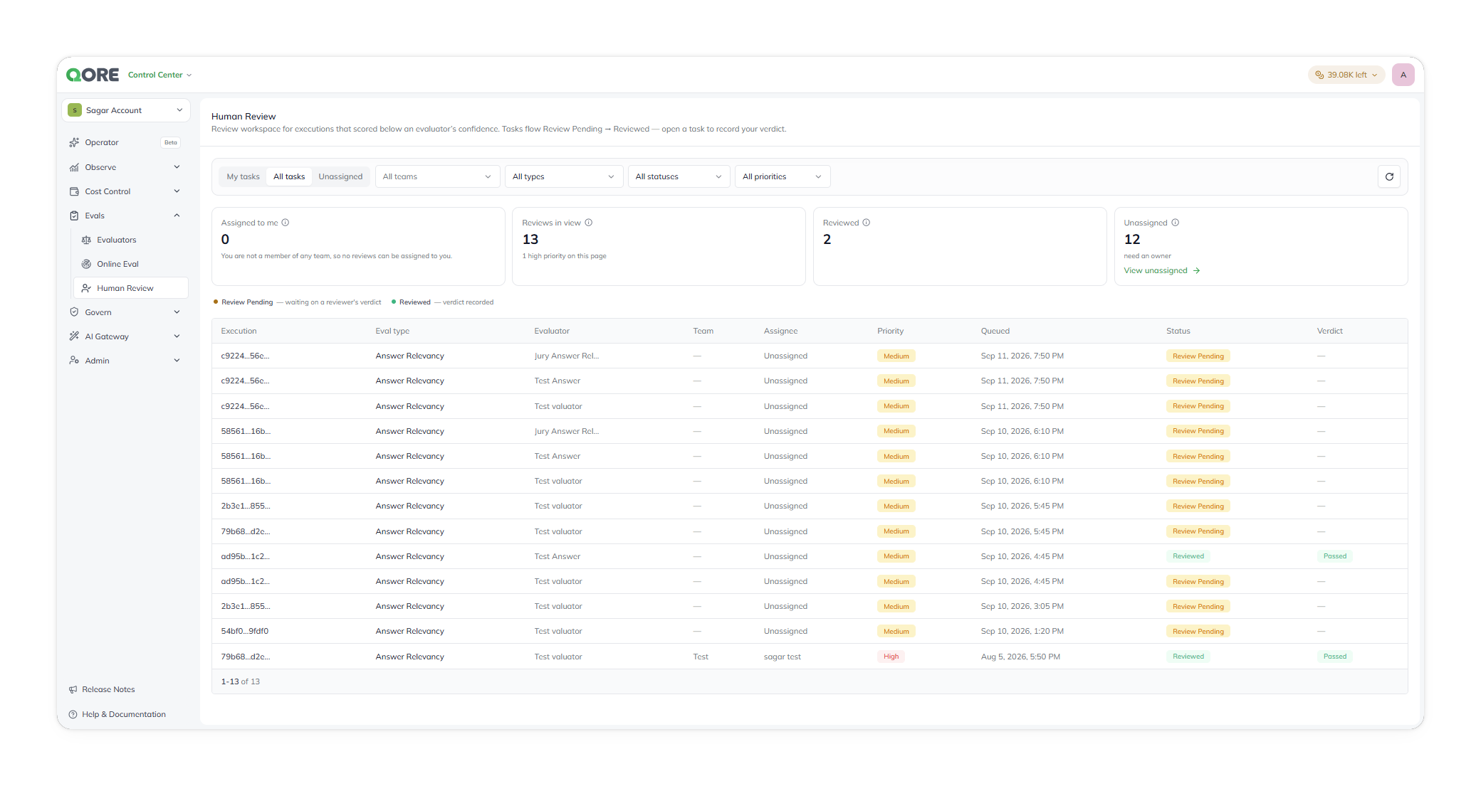 The Human Review screen lists tasks with team, assignee, priority, status, and verdict.