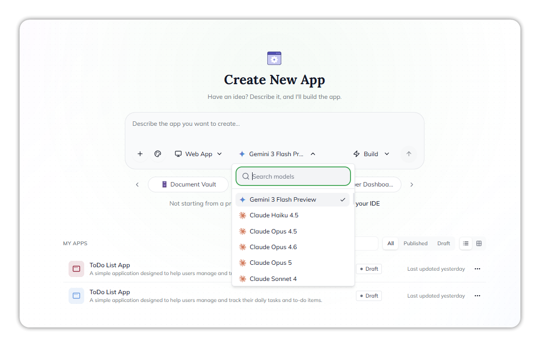 The Create New App prompt with the model menu open: a Search models box above a list of models, each with its provider's logo, and Gemini 3 Flash Preview ticked
