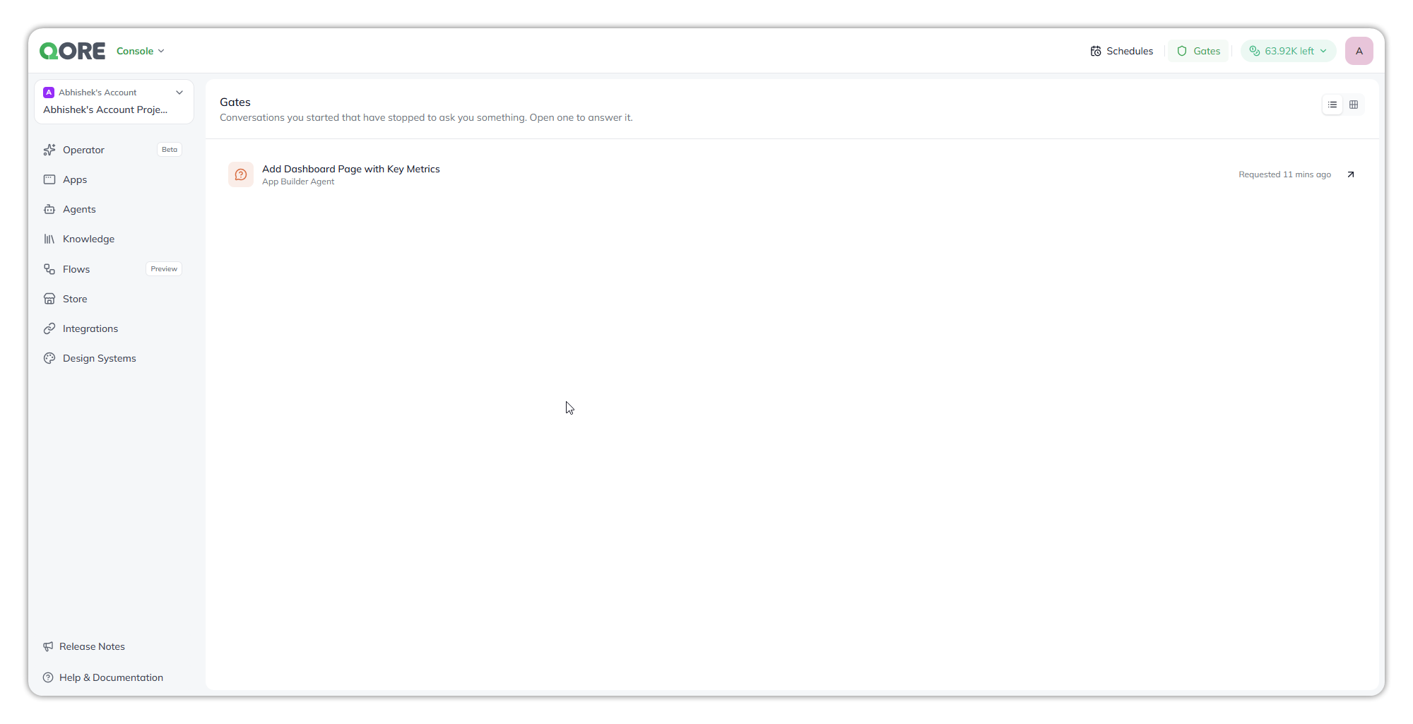 The Gates page, listing one request: Add Dashboard Page with Key Metrics, asked by App Builder Agent, Requested 11 mins ago, with an arrow to open it