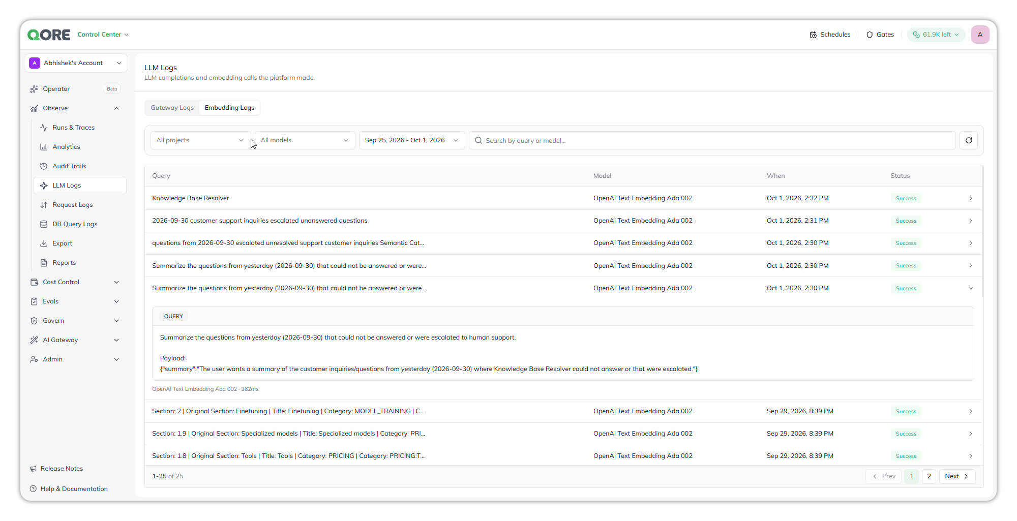 The LLM Logs Embedding Logs tab: project, model and date-range filters and a search box above a table of queries with model, when and status, one row expanded to show its full query text, model and duration