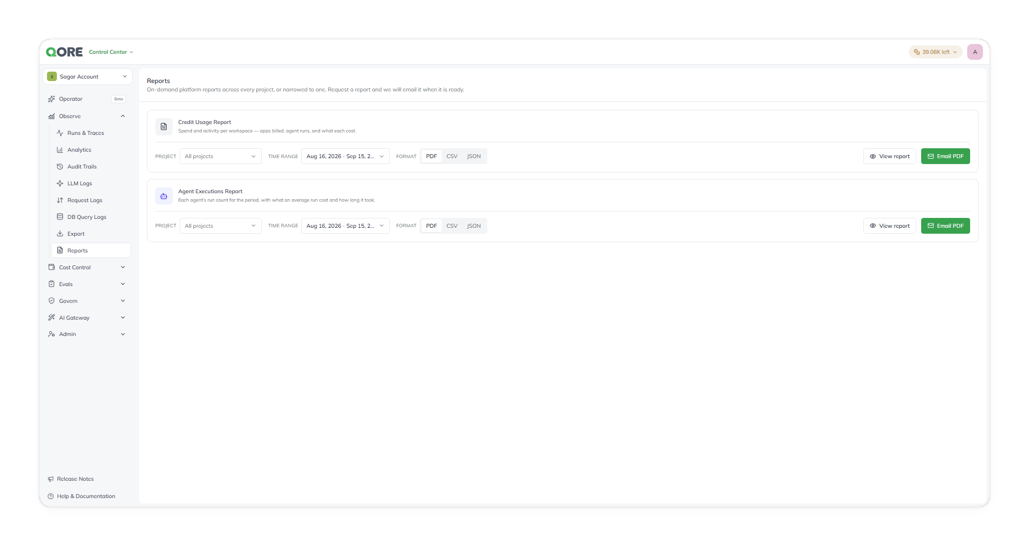 The Reports screen, listing the Credit Usage Report and Agent Executions Report cards, each with project, time range, format, and delivery controls