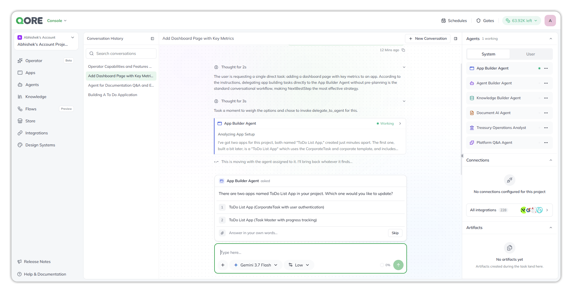 A question card from App Builder Agent: There are two apps named ToDo List App in your project. Which one would you like to update? Two numbered options follow, then an Answer in your own words… field with a paperclip and a Skip button