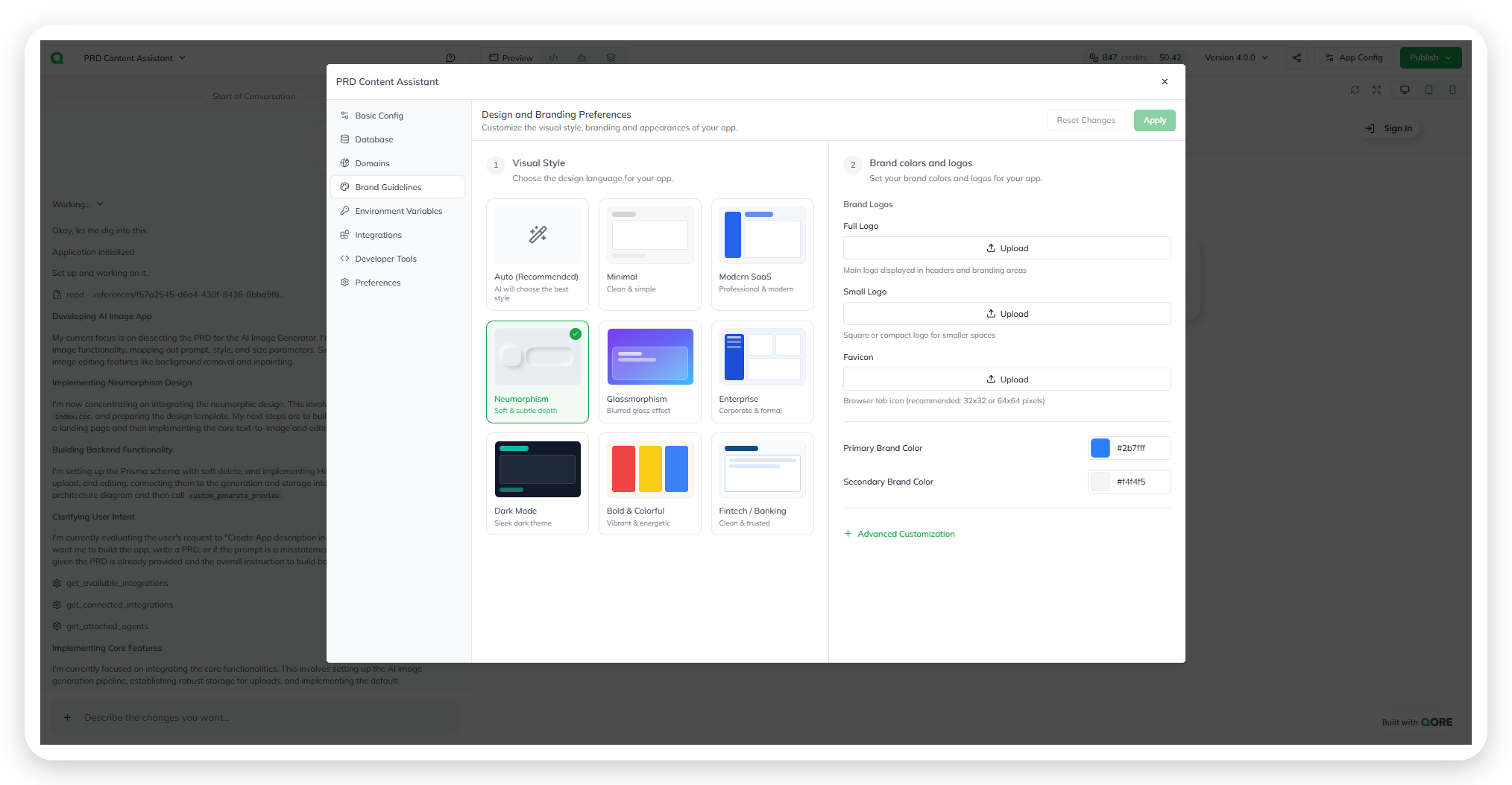 The Brand Guidelines section, with visual style, logo uploads, and brand color pickers