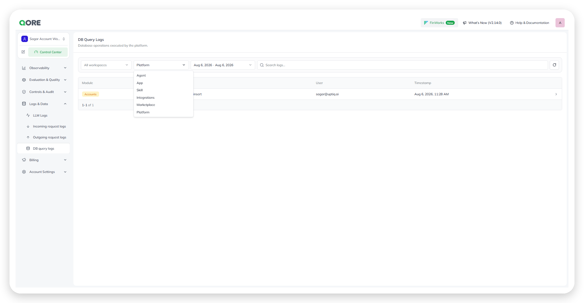 DB Query Logs with the module filter open, showing Agent, App, Skill, Integrations, Marketplace, and Platform options