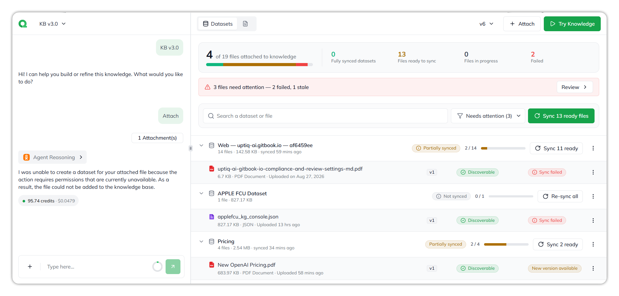 A knowledge base on the Datasets tab: a summary of 4 of 19 files attached, 13 ready to sync and 2 failed, a 3 files need attention banner with Review, a search box, a Needs attention filter, Sync 13 ready files, and datasets with their files, versions, discovery and sync statuses; the chat is on the left