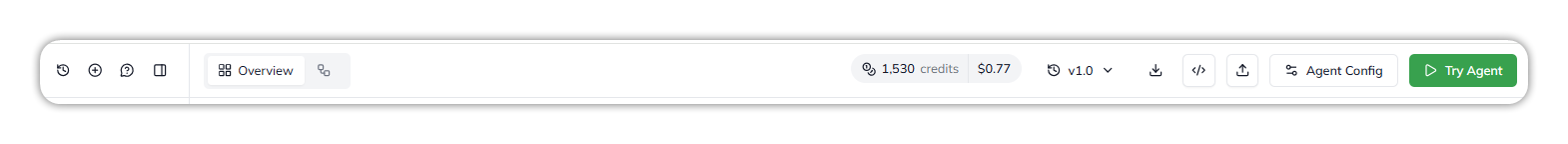 The Agent Builder header: chat history, new chat, help and panel icons on the left; the Overview and Flow tabs; then credits and cost, the version selector, download, integrate and export icons, Agent Config and Try Agent