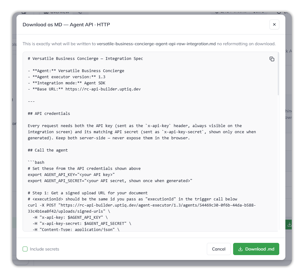 The Download as MD dialog for Agent API over HTTP, previewing the integration spec Markdown, with the Include secrets checkbox and the Download .md button