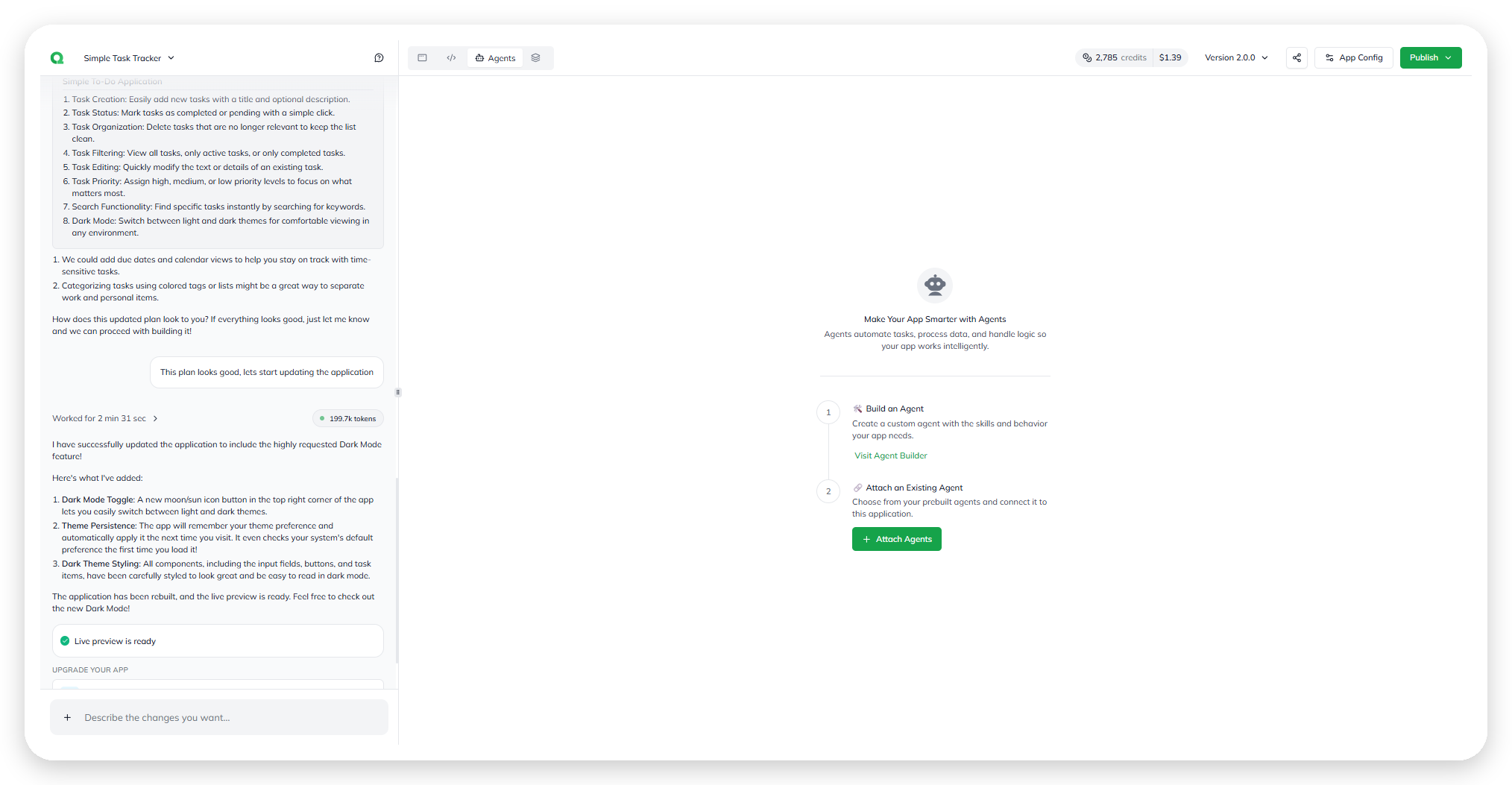 The build conversation, describing a change and showing the plan/approve/build flow
