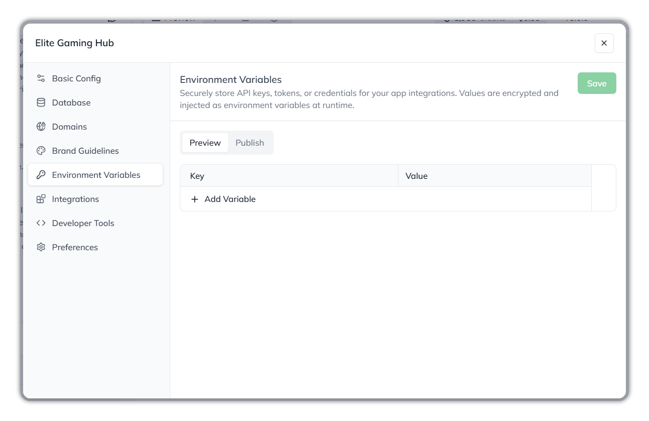 The Environment Variables section, with Preview and Publish tabs, a Key and Value table, Add Variable, and Save