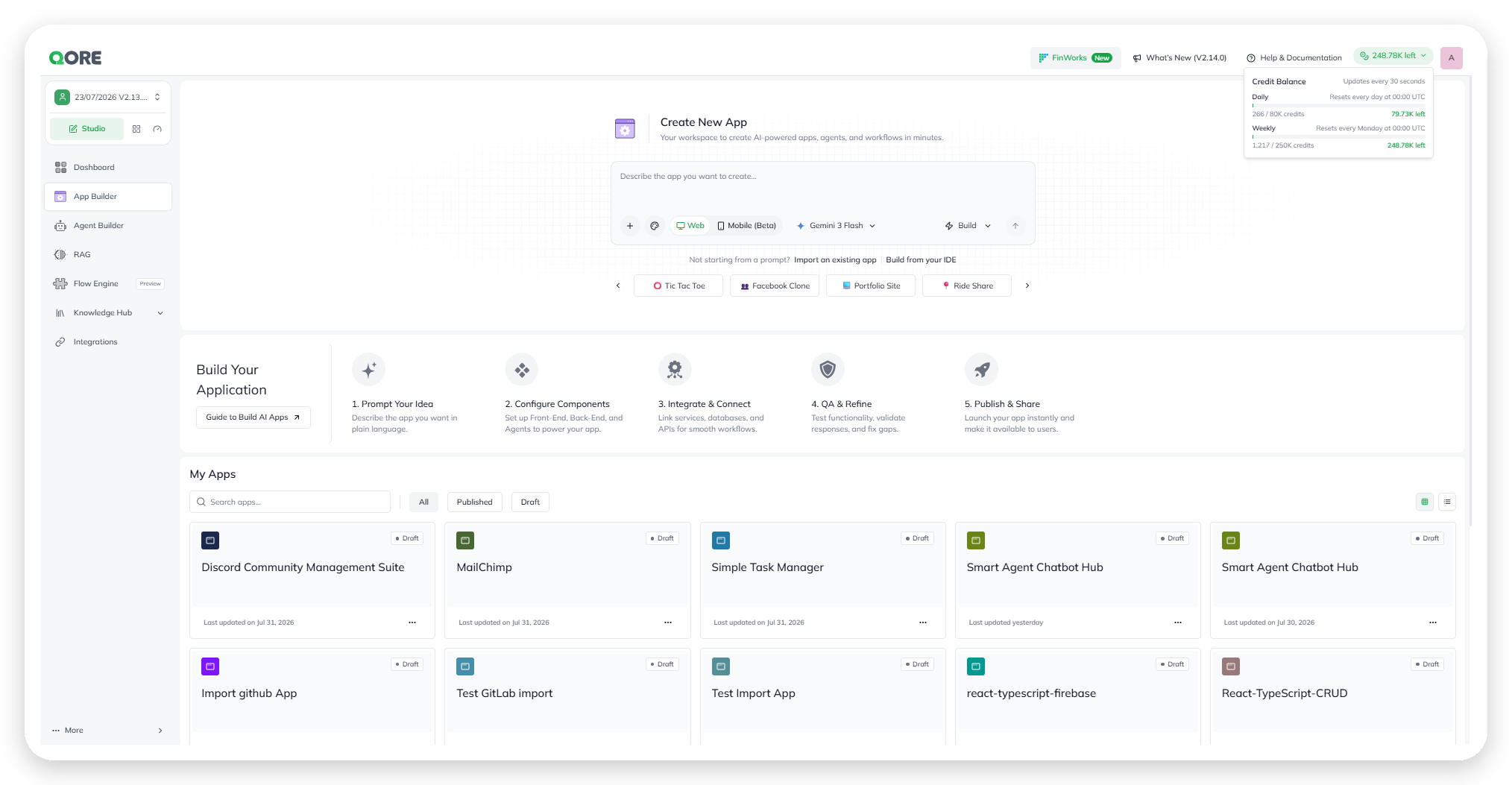 The Console dashboard project summary, including the account's credit balance