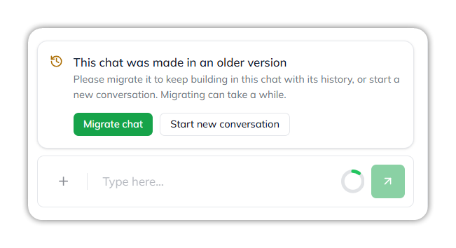 The notice This chat was made in an older version, with Migrate chat and Start new conversation buttons, above the message box
