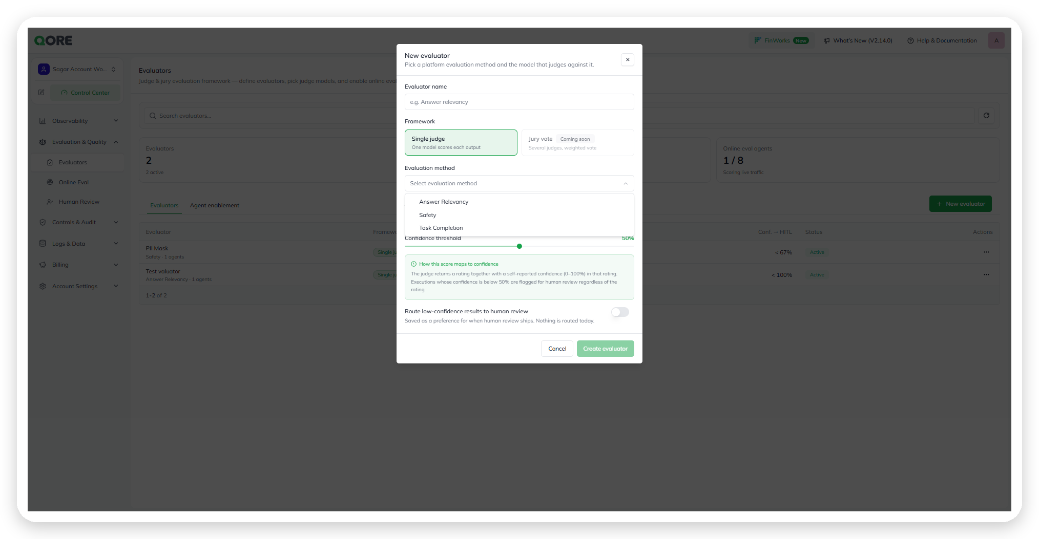 The Evaluation method menu shows Answer Relevancy, Safety, and Task Completion.