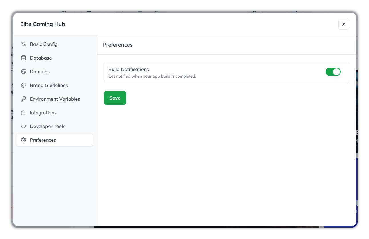 The Preferences section, with the Build Notifications toggle and Save