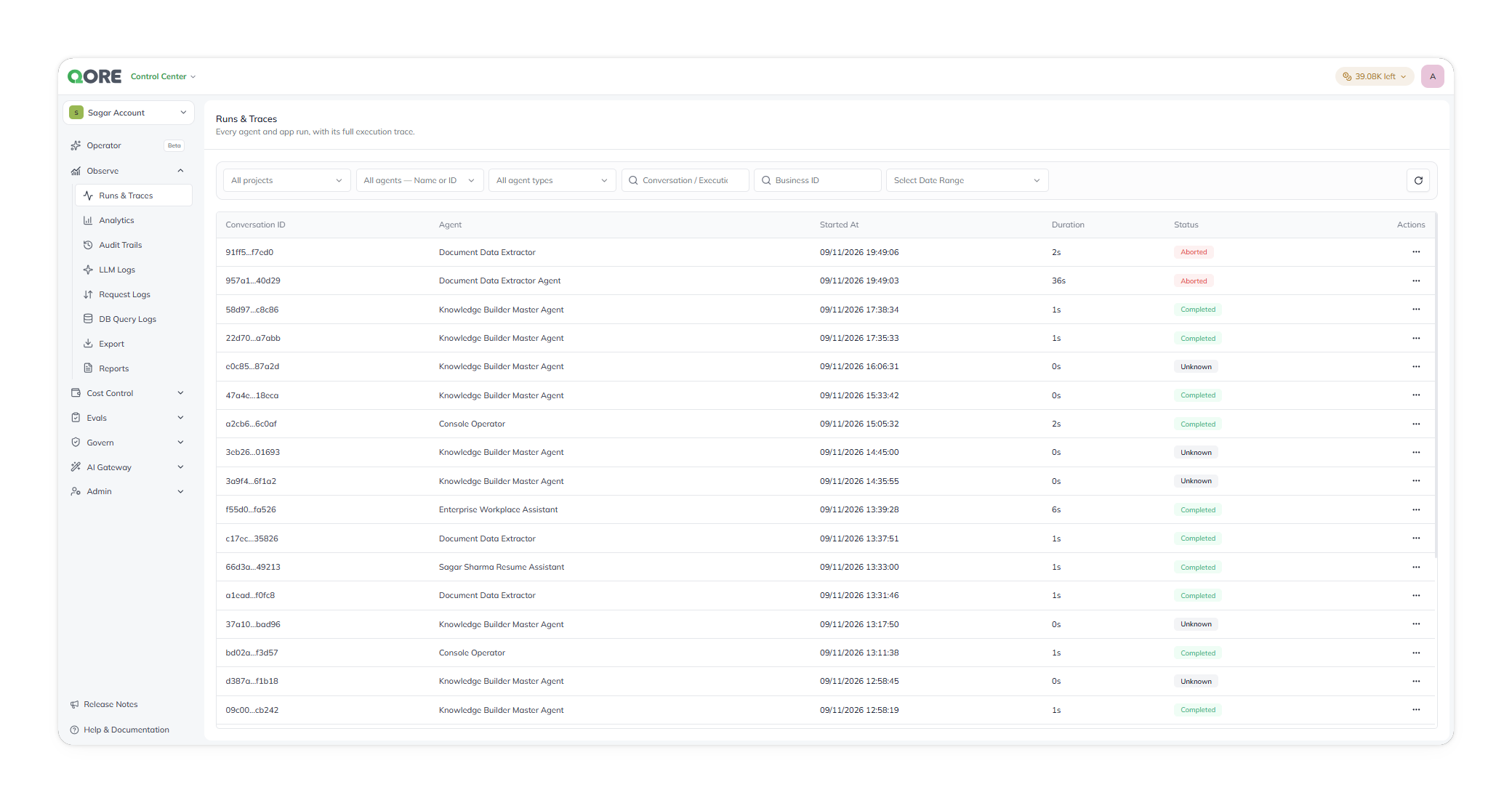 The Runs & Traces screen, listing executions with Conversation ID, Agent, Started At, Duration, and Status columns