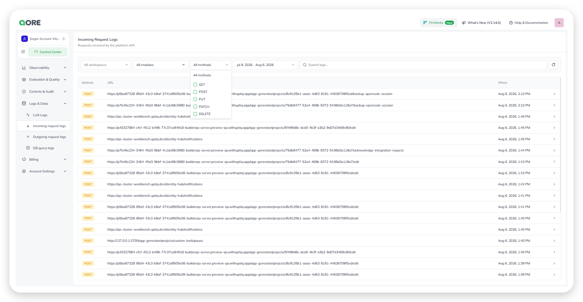 Incoming Request Logs with the HTTP method filter open, showing GET, POST, PUT, PATCH, and DELETE options