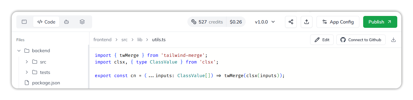 The workspace top bar: the Preview, Code, Agents and More tabs, a credits meter showing 527 credits and $0.26, the v1.0.0 version selector, Share, Export App, App Config, and Publish