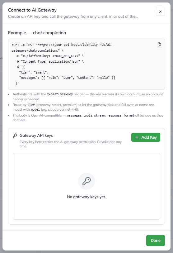 The Connect to AI Gateway dialog, with an example chat completion request, notes on authentication and routing, and an empty Gateway API keys list with an Add Key button