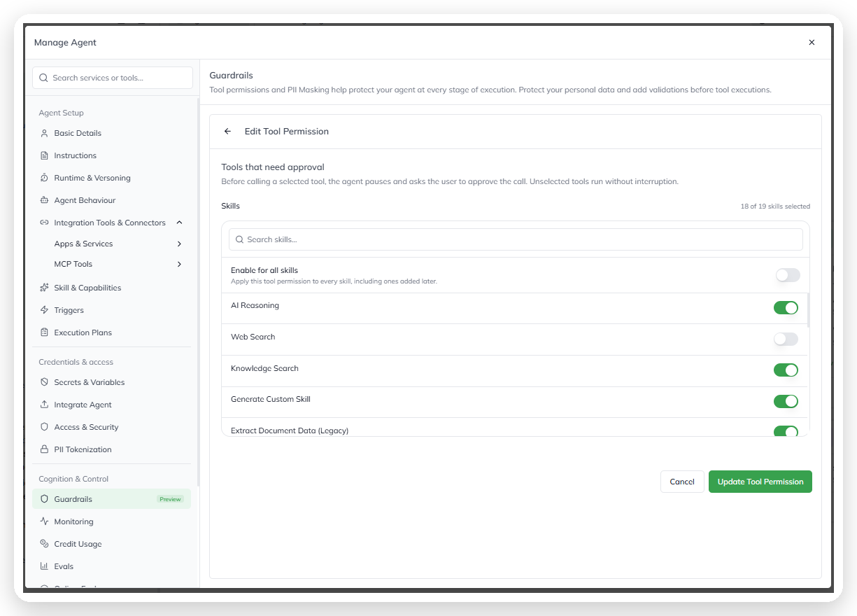 The Update Tool Permission and Cancel buttons on the Edit Tool Permission screen